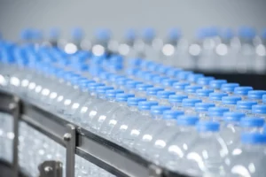 water bottles on assembly line
